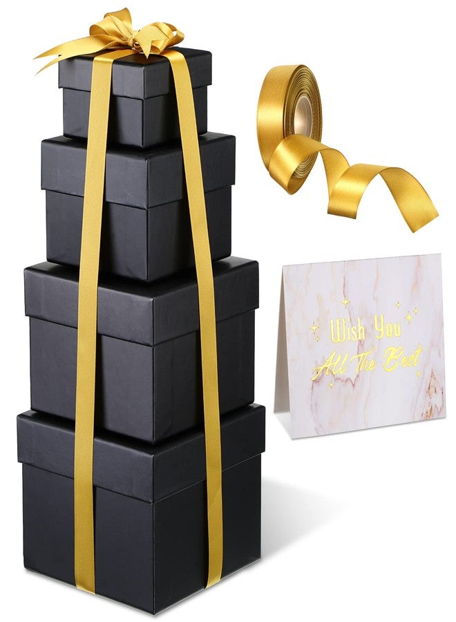 Marspark 4 Pcs Christmas Nesting Gift Boxes with Lids Stackable Square Nested Boxes Set with Ribbon Large to Small Size Prank Annoying Nested Gift Wrapping for Valentine Weddings Birthday(Black - Image 1