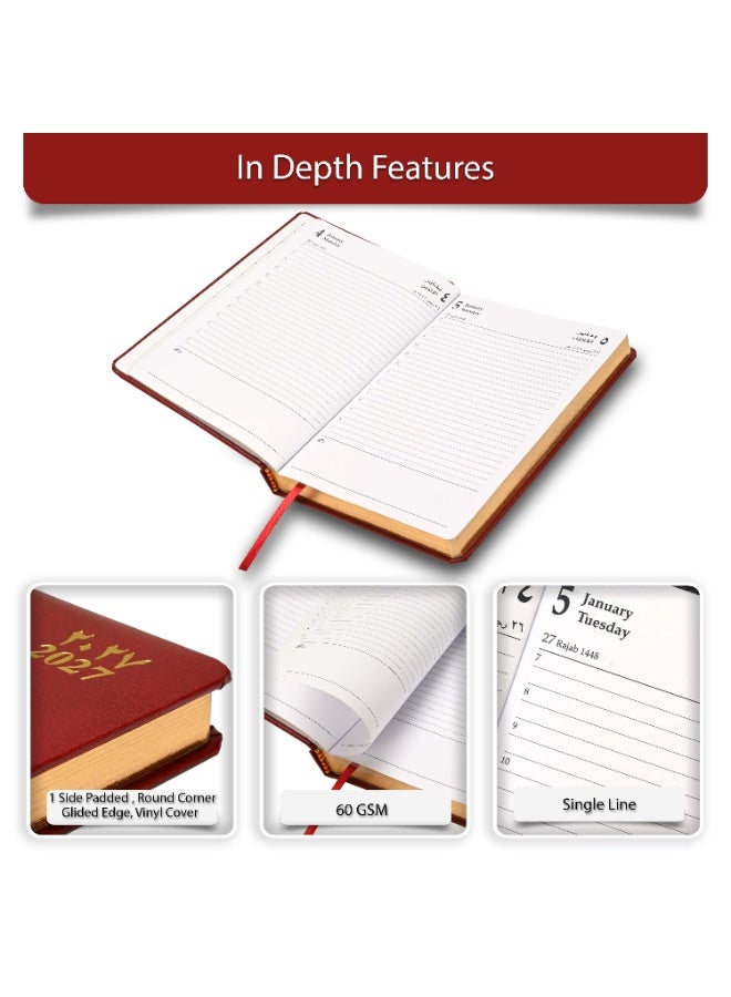 FIS 2027 Golden A5 Diary, 148x210mm, 1 Side Padded Vinyl Cover, Round Corners, Gilded Edges, 1 Day a Page Format, Arabic/English, 60gsm White Paper, Maroon Cover-FSDI23AEG27MR - Image 5