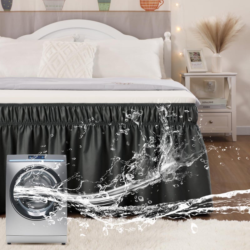 Vocander Wrap Around Black Queen Size Bed Skirt 16 Inch Drop Elastic Dust Ruffle Easy to Put On Solid Bedskirt Polyester Fabric Machine Washable Dryable and Ironable