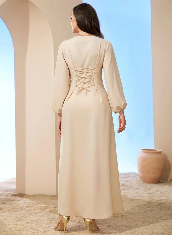 Take Two Women Beige Rhinestone Embellished Golden Trim Jalabiya