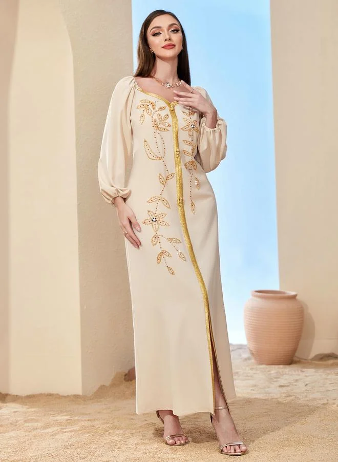تايك تو جلابية مرصعة بأحجار الراين وبحواف ذهبية للنساء - بيج