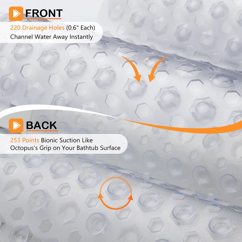 Yimobra Bath Tub Mat Non Slip, 34.5"x15.5" Long Shower Mat, Machine Washable Bathmat with Drain Holes and Suction Cups, Soft on Feet, Bathroom Essentials, Clear - Image 2