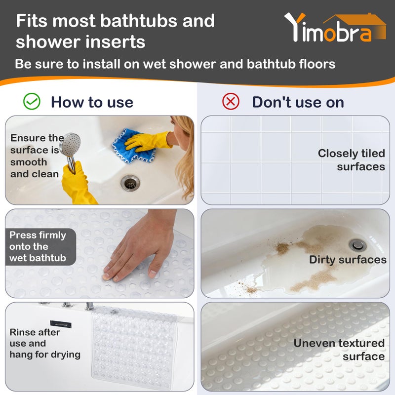 Yimobra Bath Tub Mat Non Slip, 34.5"x15.5" Long Shower Mat, Machine Washable Bathmat with Drain Holes and Suction Cups, Soft on Feet, Bathroom Essentials, Clear - Image 4