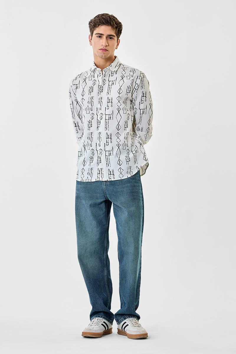 سنيتش Off White Abstract Long Sleeve Regular Fit Shirt