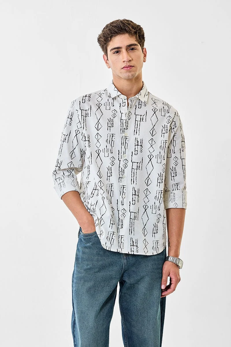 سنيتش Off White Abstract Long Sleeve Regular Fit Shirt