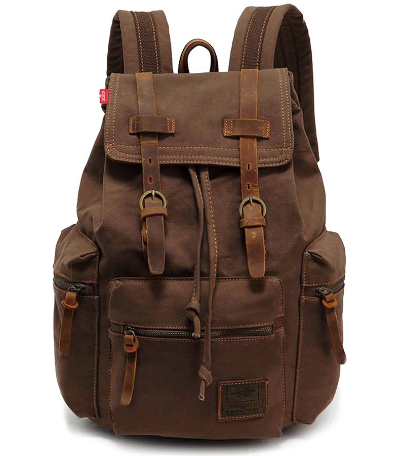 HuaChen Vintage Canvas Backpack, Casual Daypack Travel Rucksack with Leather for Men Women, 14″ Laptop Compartment & Hidden Anti‑Theft Pocket, Hiking/School - M32 Coffee - Image 1