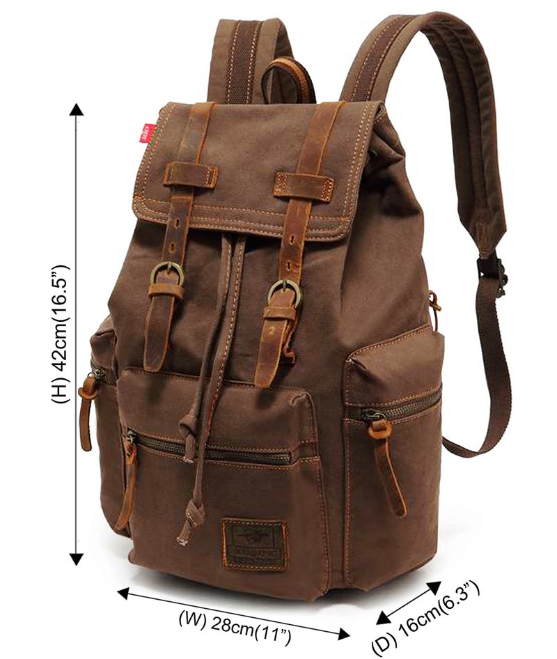 HuaChen Vintage Canvas Backpack, Casual Daypack Travel Rucksack with Leather for Men Women, 14″ Laptop Compartment & Hidden Anti‑Theft Pocket, Hiking/School - M32 Coffee - Image 2