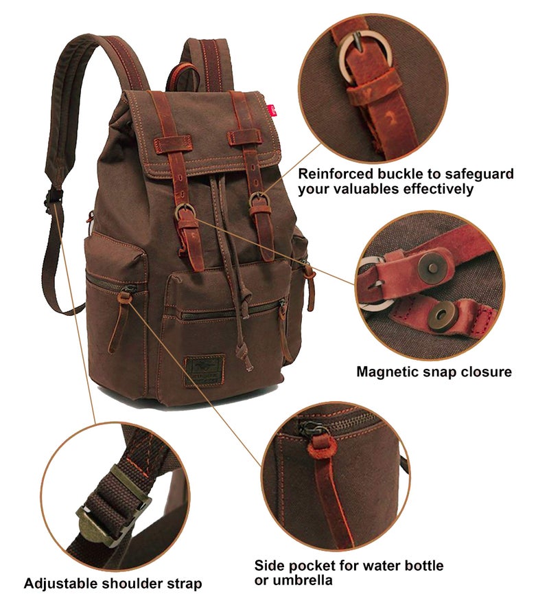 HuaChen Vintage Canvas Backpack, Casual Daypack Travel Rucksack with Leather for Men Women, 14″ Laptop Compartment & Hidden Anti‑Theft Pocket, Hiking/School - M32 Coffee - Image 4
