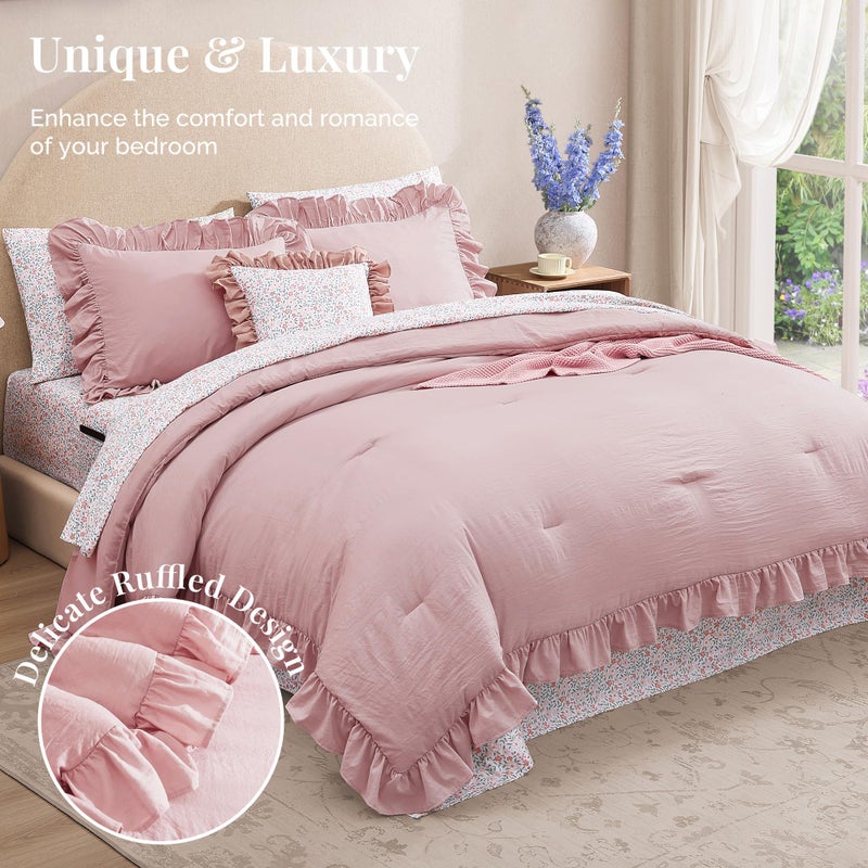 BLOOMHAVEN Full Comforter Set - 7 Pieces Ruffle Soft Pink Bedding Sets, Shabby Chic Farmhouse Bed in a Bag Full with Ruffle Comforter, Floral Sheets, Pillowcases & Shams - Image 2