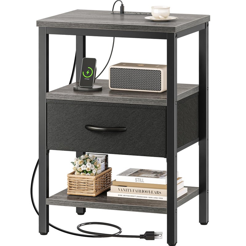 SUPERJARE Nightstand with Charging Station Bed Side Table with Adjustable Fabric Drawer Night Stand for Bedroom 3Tier Storage End Table for Living Room Charcoal Gray