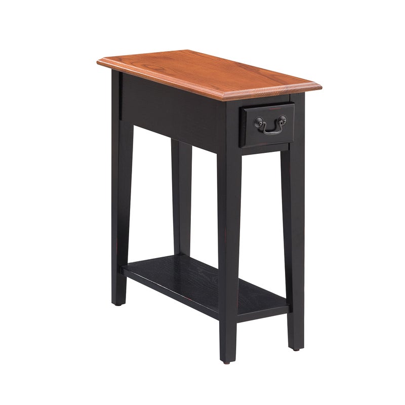 Haven Ridge Narrow Solid Wood Side Table with Drawer and Shelf Medium Oak Brown and Slate Black Perfect for Living Rooms Bedrooms and Small Spaces Leick Home 9017SL