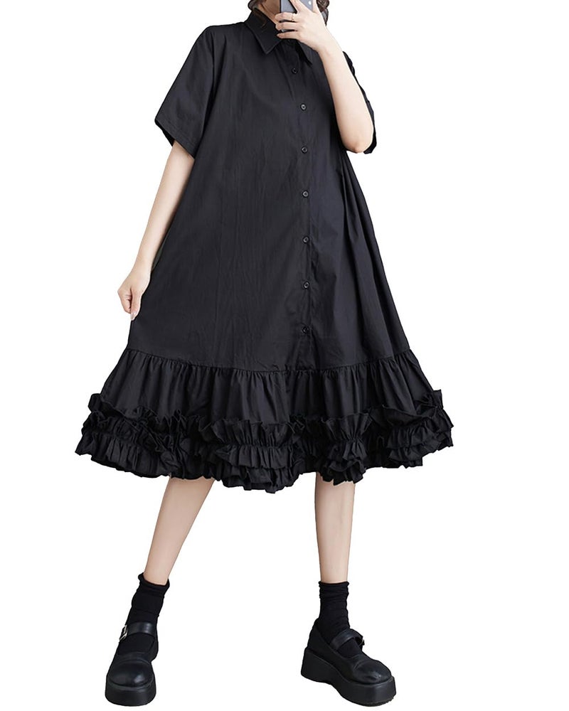 ellazhu Women's Shirt Dress Button Down Lapel Short Sleeve Ruffle Hem Oversize Loose Casual Solid GZ183 Black - Image 1