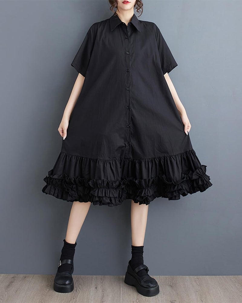 ellazhu Women's Shirt Dress Button Down Lapel Short Sleeve Ruffle Hem Oversize Loose Casual Solid GZ183 Black - Image 5