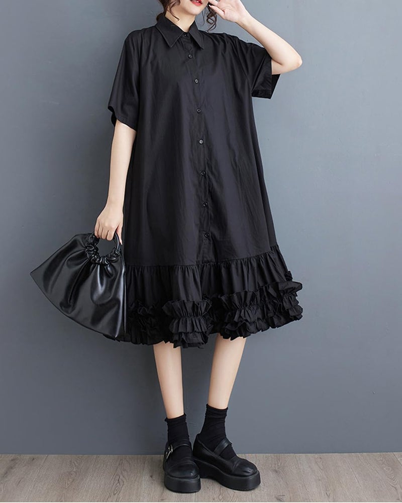 ellazhu Women's Shirt Dress Button Down Lapel Short Sleeve Ruffle Hem Oversize Loose Casual Solid GZ183 Black - Image 3