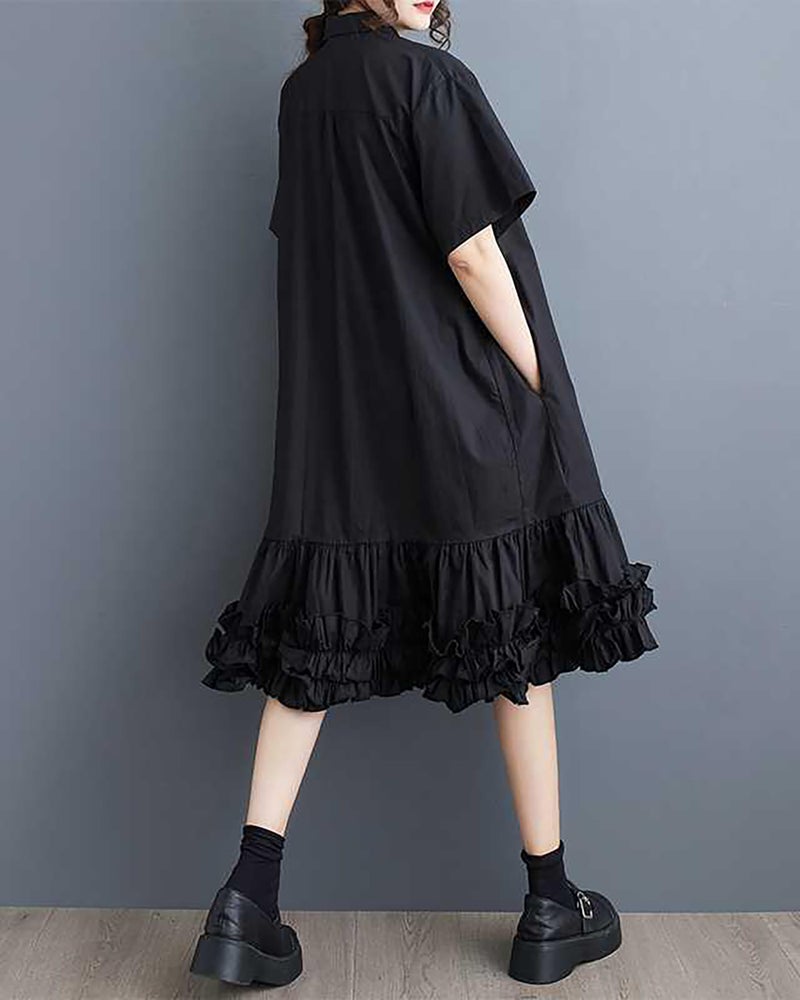 ellazhu Women's Shirt Dress Button Down Lapel Short Sleeve Ruffle Hem Oversize Loose Casual Solid GZ183 Black - Image 4