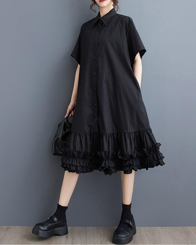 ellazhu Women's Shirt Dress Button Down Lapel Short Sleeve Ruffle Hem Oversize Loose Casual Solid GZ183 Black - Image 2