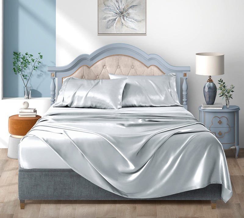 Luxbedding Satin Bed Sheets Twin Sheets  Silver Grey Silk Sheets  3 - Pieces Soft Bedding Set with 1 Deep Pocket Fitted Sheet 1 Flat Sheet 1 Pillowcase  - Image 2