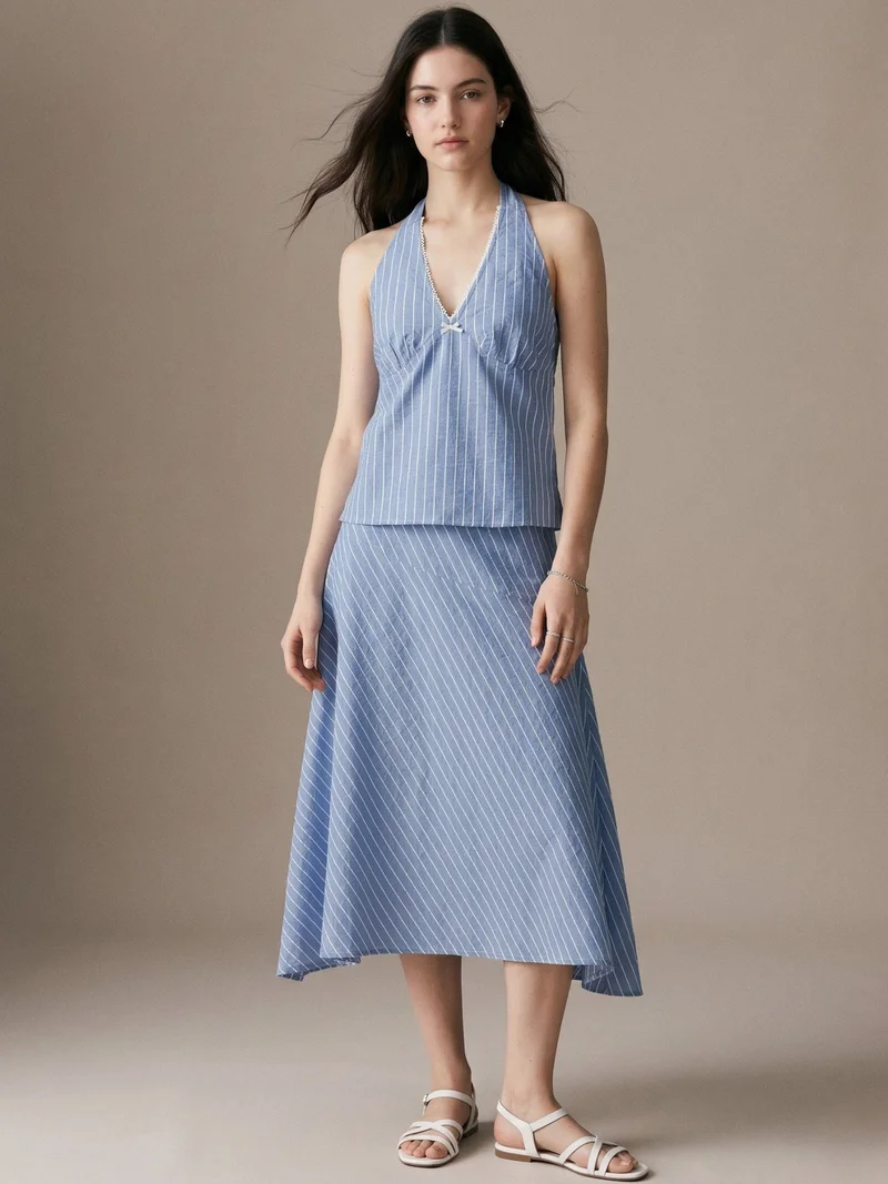 Blue Halter Neck Blouse With Hankerchief Hem Skirt Coord Set