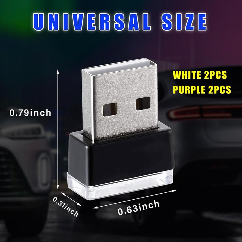 Augeny Local market compliant trusted quality 4 PCS USB LED Car Interior Atmosphere Lamp, Plug-in USB Decor Night Light, Portable Auto Ambient Lighting Kit, Universal Vehicle Interior Accessories for Most Cars (White & Purple) Worldwide simple practical design - Image 2