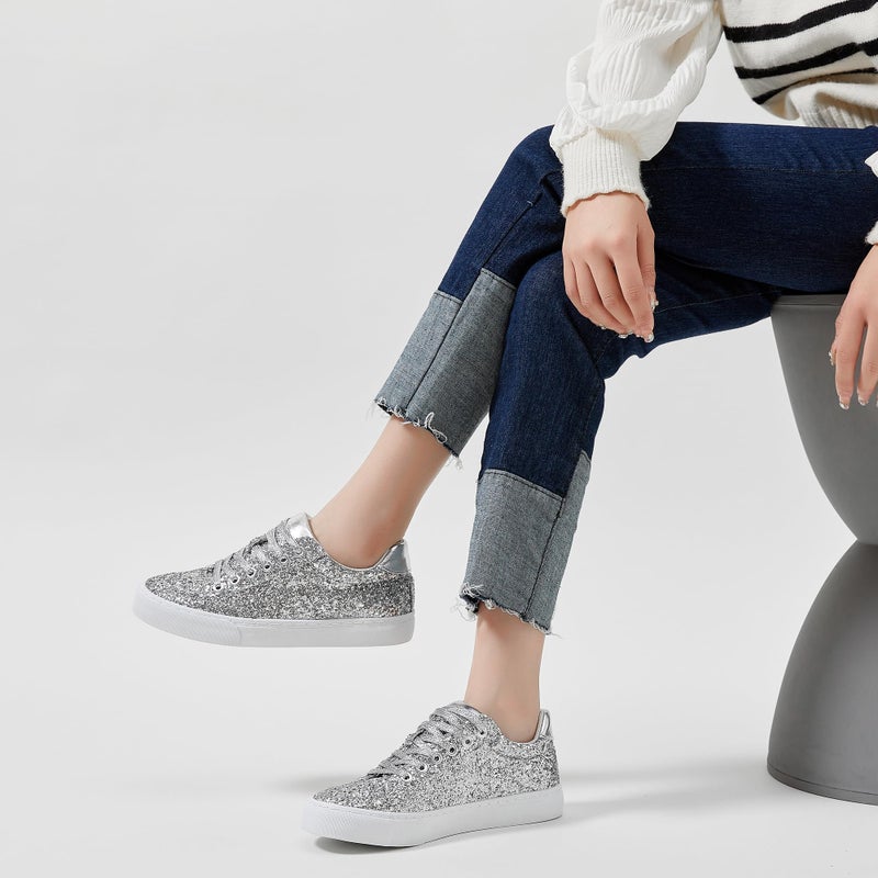 Jeekopeg Glitter Sparkly Fashion Sneakers Shoes Shiny Casual Shoes Bling Sequin Concert Low Cut Lace up Shoes(Silver Glitter,9 Women/7.5Men) - Image 2