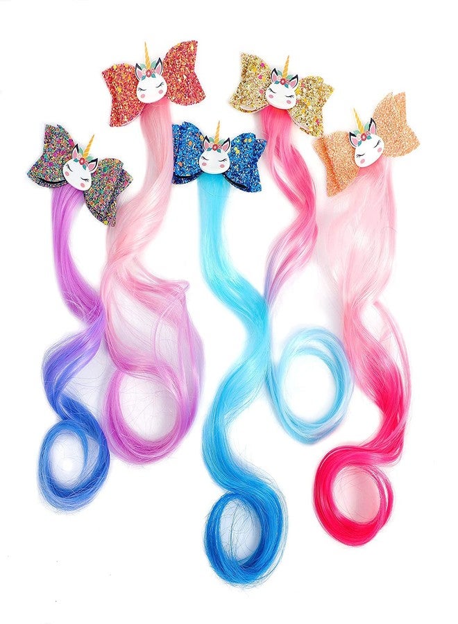VSAKSH 2 Pcs Multicolor Unicorn Hair Clips Hair Accessories For Girls Glitter Hair Bows Braided Curly Wig Hair Extension For Kids Princess Dress Up - Image 1