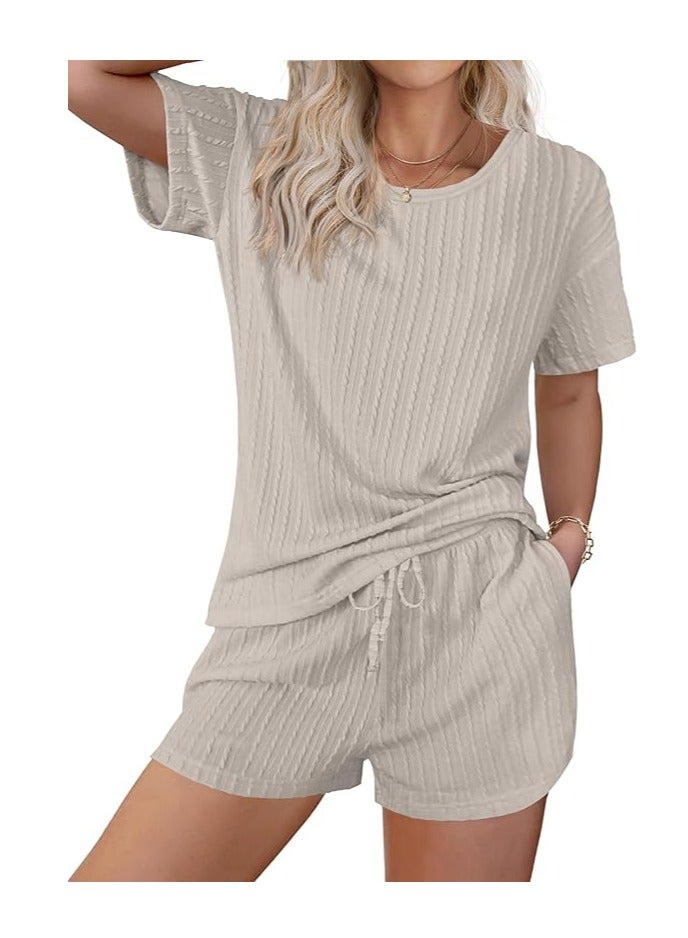 Women's 2 Piece Lounge Sets Ribbed Knit Matching Outfits T-shirt and Shorts Sets Sleepwear Loungewear Casual Pajamas - Image 1
