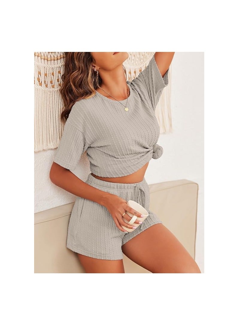 Women's 2 Piece Lounge Sets Ribbed Knit Matching Outfits T-shirt and Shorts Sets Sleepwear Loungewear Casual Pajamas - Image 3