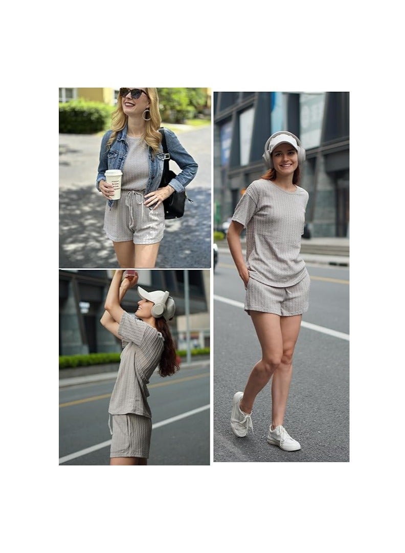 Women's 2 Piece Lounge Sets Ribbed Knit Matching Outfits T-shirt and Shorts Sets Sleepwear Loungewear Casual Pajamas - Image 5