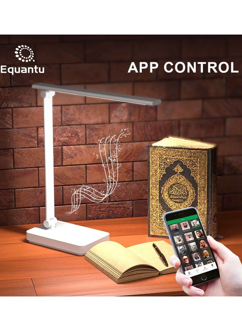 إيكوانتو مصباح طاولة Equantu SQ-905 مزود بمكبر صوت للقرآن الكريم، إضاءة ناعمة مع شحن لاسلكي للهاتف، ومكبر صوت للقرآن الكريم بتقنية البلوتوث، ويمكن التحكم به عن طريق التطبيق وجهاز التحكم عن بُعد، باللون الأبيض - Image 1