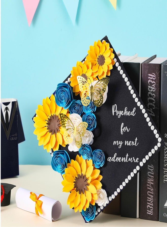 Nezyo 30 Pack Flower and Butterfly DIY Decorations Set 18 Pcs Flower Heads 12 Pcs 3D Butterfly Flat Back Roses Yellow Sunflower Heads for Grad Hats Wedding Baby Shower Home Decor(Blue, Yellow) - Image 4