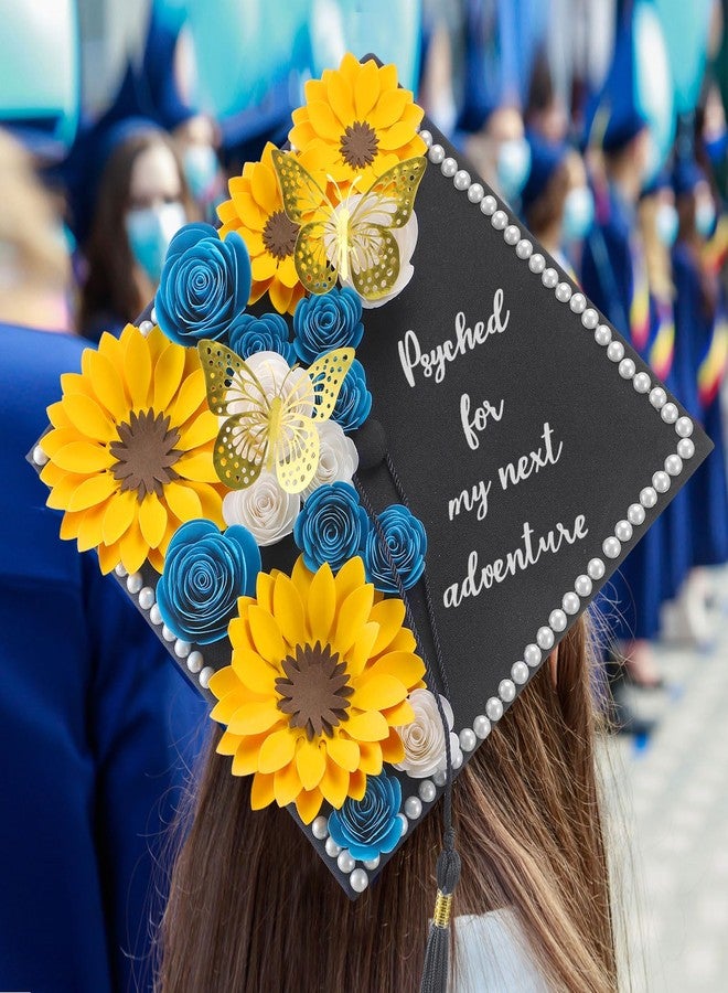 Nezyo 30 Pack Flower and Butterfly DIY Decorations Set 18 Pcs Flower Heads 12 Pcs 3D Butterfly Flat Back Roses Yellow Sunflower Heads for Grad Hats Wedding Baby Shower Home Decor(Blue, Yellow) - Image 3