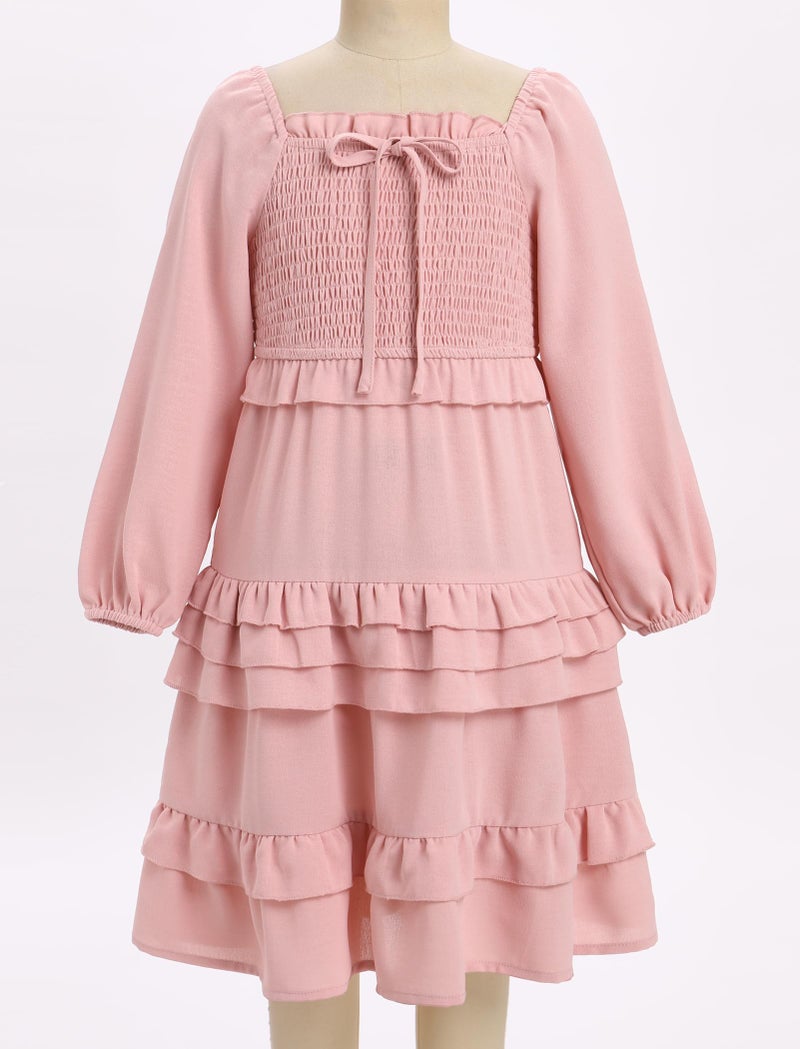 AWIBMK Mother Daughter Matching Boho Dress Long Sleeve Tiered Smocked Dress Holiday Wedding Mom and Me Fall Dress Pink 7-8 Years - Image 4