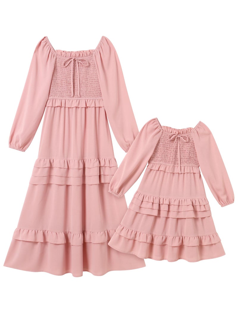 AWIBMK Mother Daughter Matching Boho Dress Long Sleeve Tiered Smocked Dress Holiday Wedding Mom and Me Fall Dress Pink 7-8 Years - Image 5