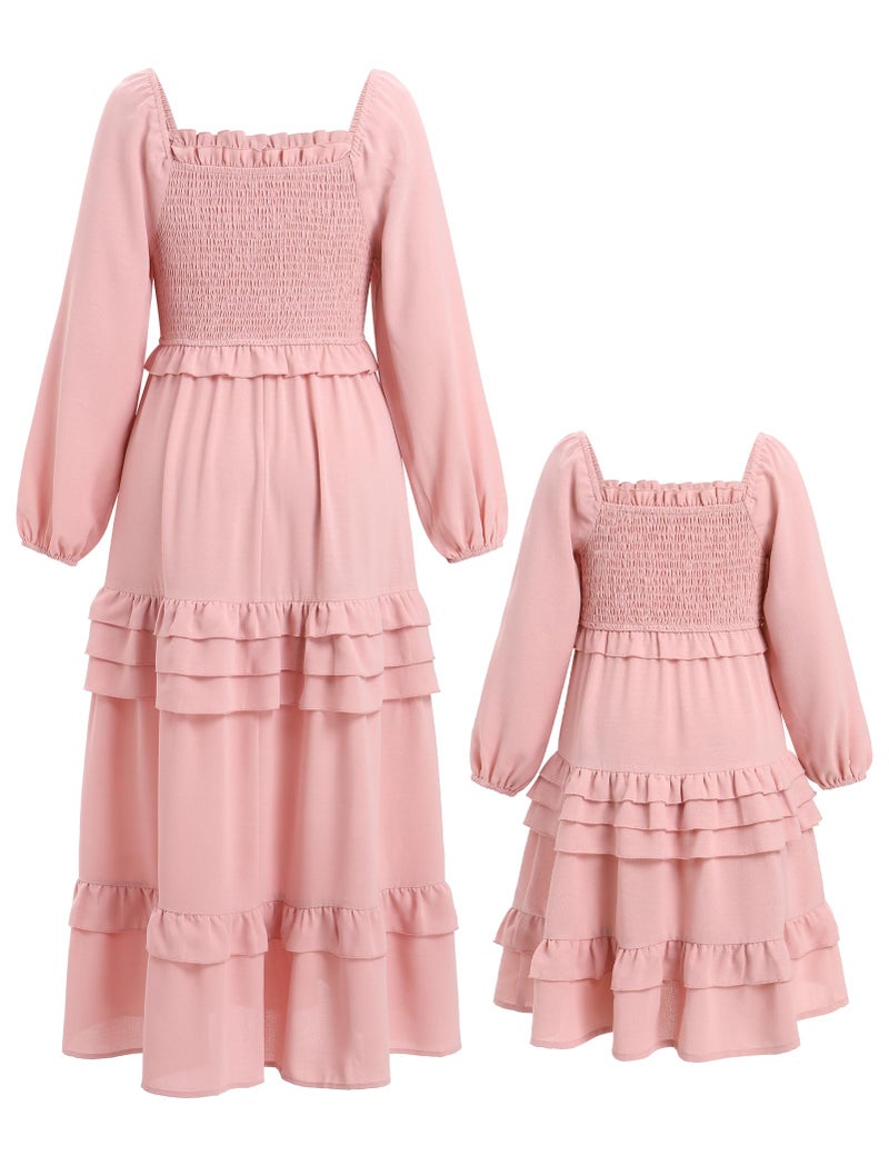 AWIBMK Mother Daughter Matching Boho Dress Long Sleeve Tiered Smocked Dress Holiday Wedding Mom and Me Fall Dress Pink 7-8 Years - Image 3