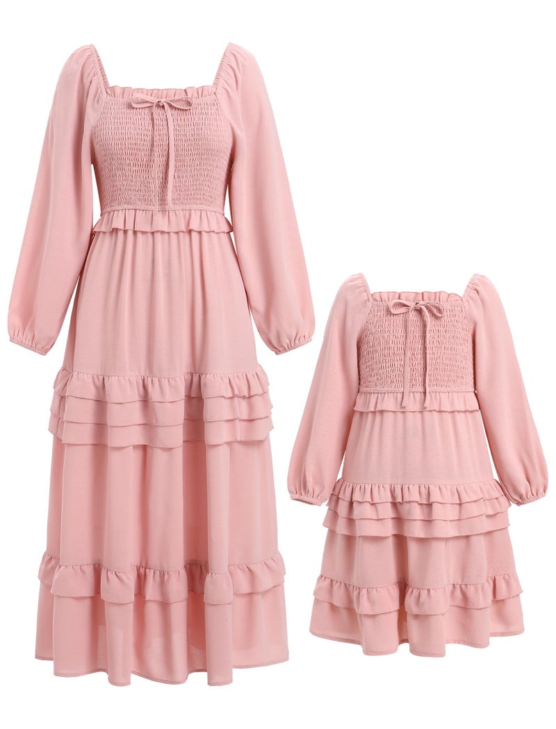 AWIBMK Mother Daughter Matching Boho Dress Long Sleeve Tiered Smocked Dress Holiday Wedding Mom and Me Fall Dress Pink 7-8 Years - Image 1