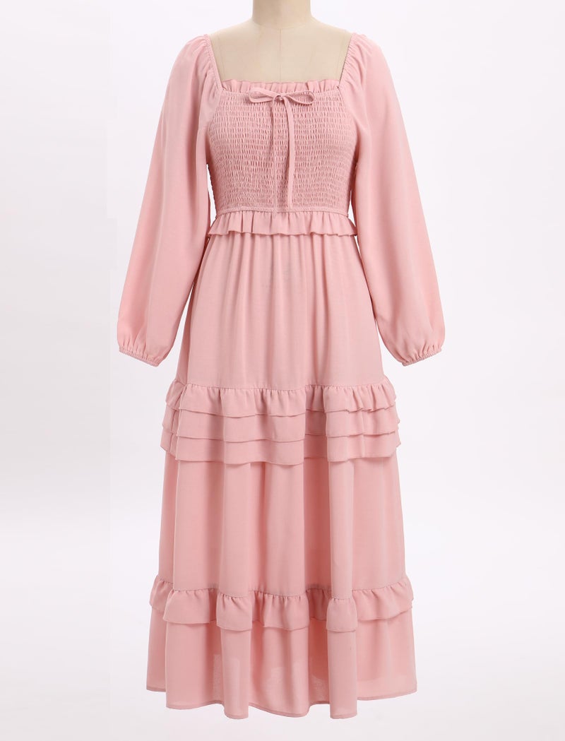 AWIBMK Mother Daughter Matching Boho Dress Long Sleeve Tiered Smocked Dress Holiday Wedding Mom and Me Fall Dress Pink 7-8 Years - Image 2