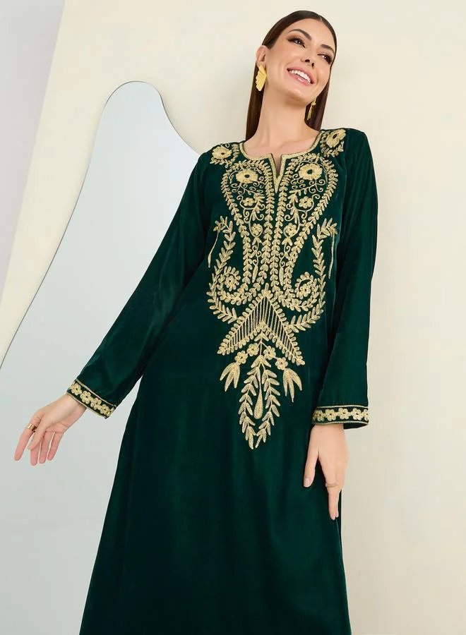 Maxim Creation Embroidered Panel Velvet Look Jalabiya by Styli