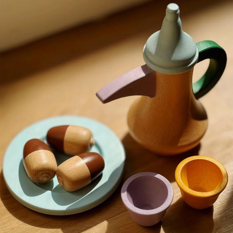 Akwan Dallah Wooden Set for Kids. Arabic, toy, coffee set, tea set, saudi coffee, dates, wooden toy, pretend play, kids, children, Arab. - Image 5