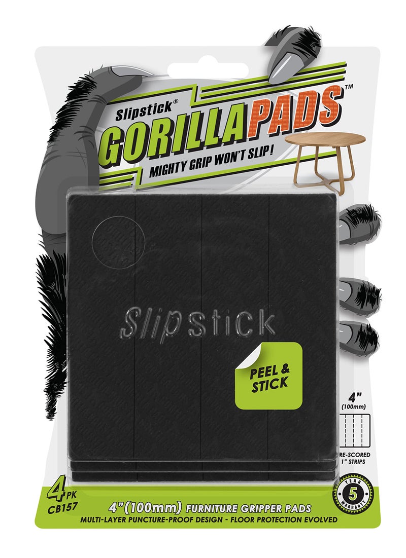 Slipstick Gorillapads Non Slip Furniture Pads/Gripper Feet Floor Protectors (Set Of 4) Premium 4 Inch Pre-Scored Square Self Adhesive Rubber Stoppers For Furniture Legs  Black  Cb157 - Image 1