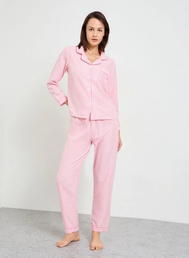 Pink Striped Polyester Pajama Set with Long Sleeves