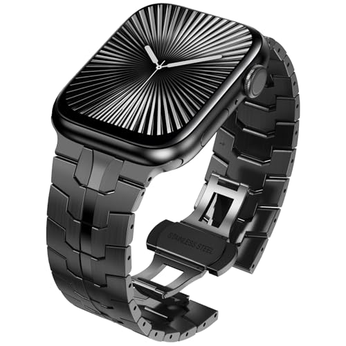 WINGLE Metal Band for Apple Watch Band 38mm 40mm 41mm 42mm Series 11 10, SE 3/2/1, Series 9 8 7 6 5 4 3 2 1 Men Women, Rugged Stainless Steel Casual Business Bands iWatch Strap Folding Clasp, Black - Image 1