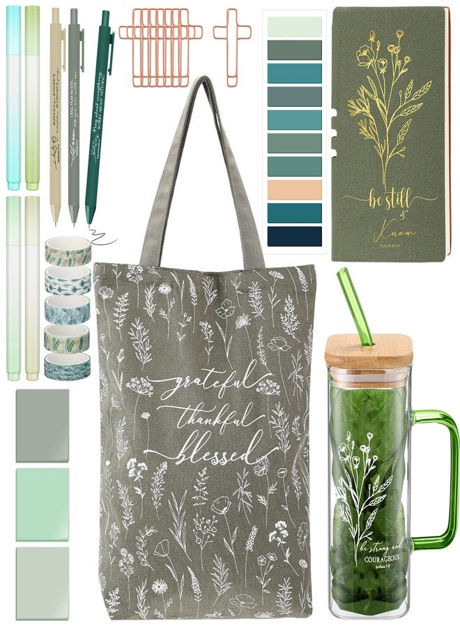 Singhoow 29 Pcs Bible Journaling Kit Easter Christian Glass Cup Canvas Bag Leather Notebook Highlighters and Pens Sticky Notes Tapes Paper Clips Bible Study Supplies for Mother Day(Green) - Image 1
