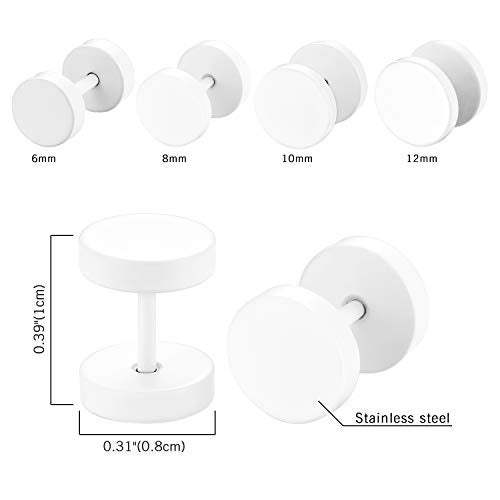 Cupimatch 4 Pairs Unisex 6-12MM Stainless Steel Stud Earrings Set,Cupimatch Ear Piercing Plugs Faux Gauges Illusion Tunnel Screw Earrings for Halloween, White (4 Pairs)… - Image 3