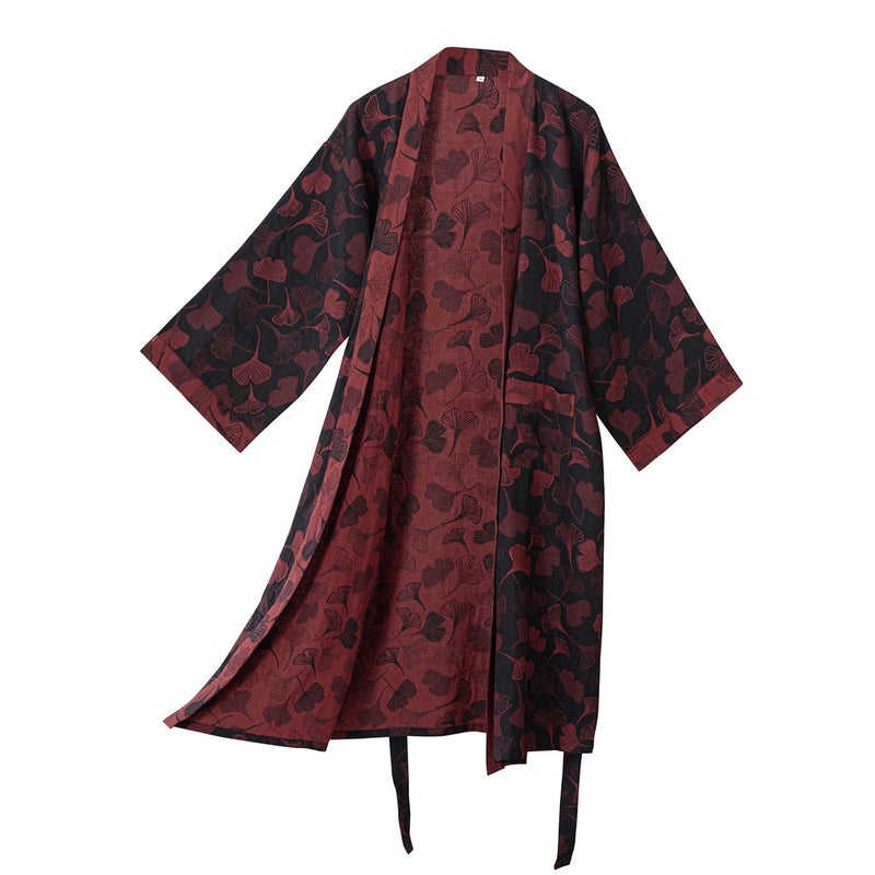 Kimono Robe 100% Cotton Gauze Ginkgo Leaf Print - Image 1