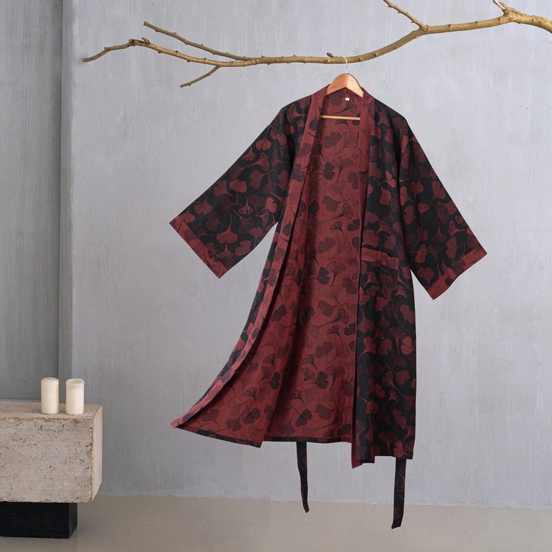 Kimono Robe 100% Cotton Gauze Ginkgo Leaf Print - Image 2