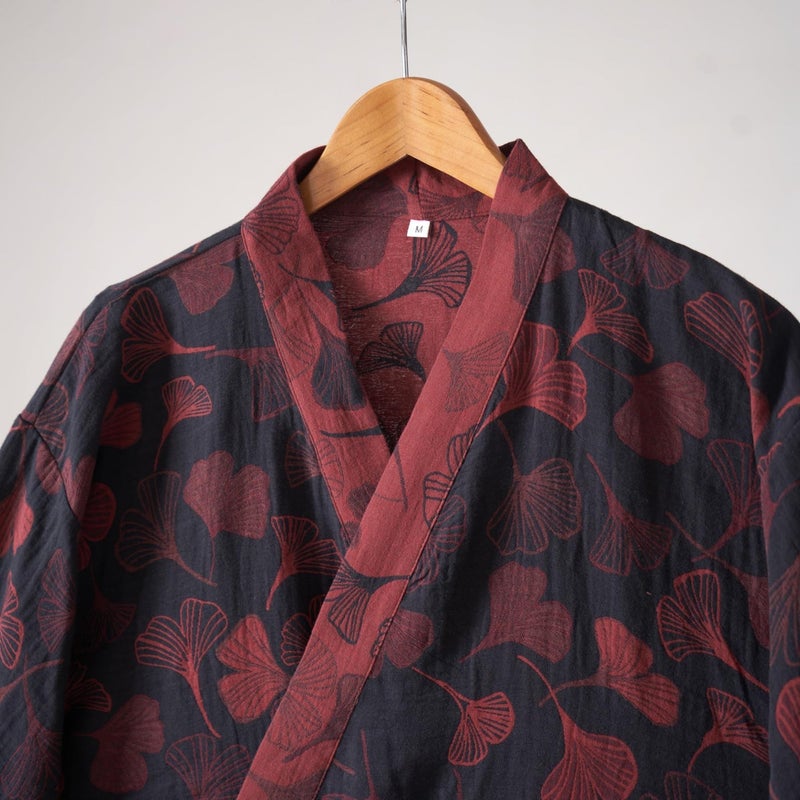 Kimono Robe 100% Cotton Gauze Ginkgo Leaf Print - Image 3