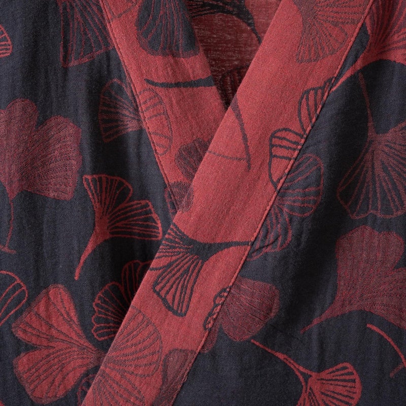 Kimono Robe 100% Cotton Gauze Ginkgo Leaf Print - Image 4