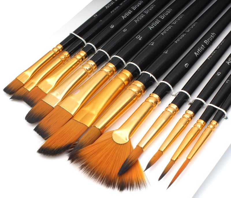 HELLIOT Paint Brush Set of 12 | Professional Round Pointed Tip Nylon Hair Artist Acrylic Painting Brush for Acrylic - Watercolor - Oil Painting - Image 1
