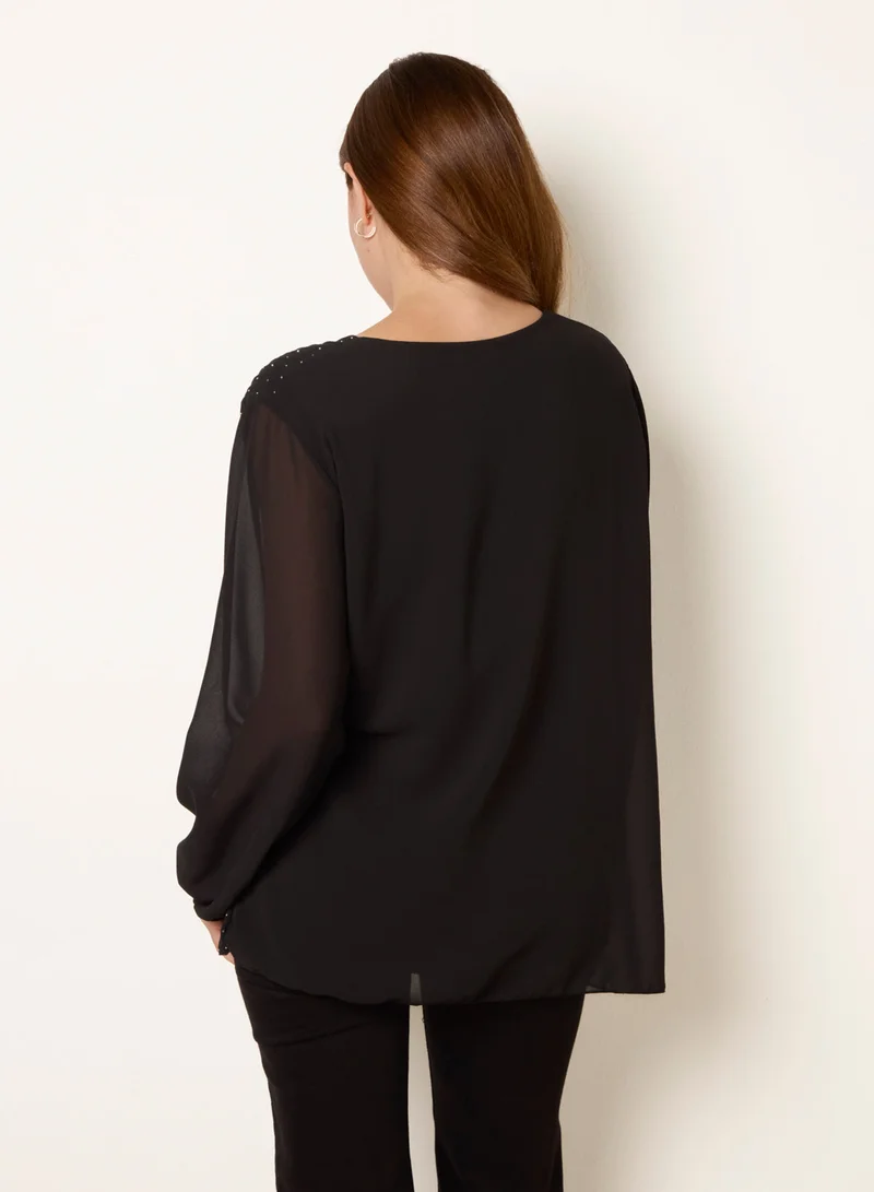 بلو فانيلا Rhinestone Pleated Chiffon Top