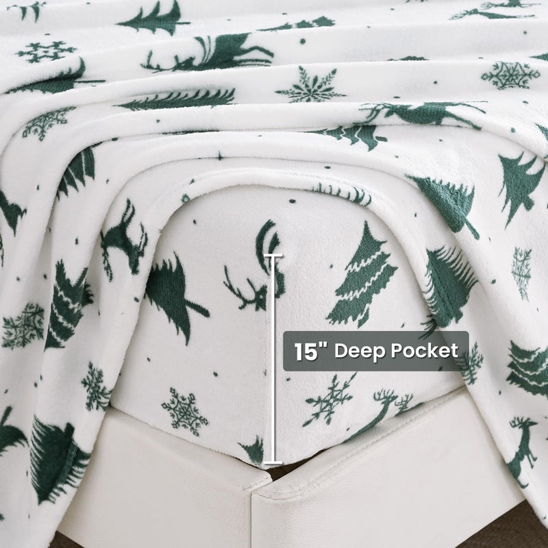 Viviland Micro Fleece Full Bed Sheet Set, Christmas Holiday Flannel-Like Polar Fleece Fitted Sheets with 15" Deep Pocket, Warm Winter Sheets & Pillowcase Set, Green Deer Snowflake Printed Pattern - Image 2